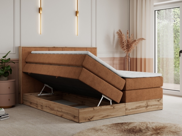 Boxspringbett VENETO KING, Doppelbett mit Multipocket-Matratze, Polsterbett mit Kopfstütze - 160 x 200 cm - Orange Stoff - H3 Bild 2