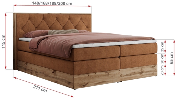 Boxspringbett VENETO KING, Doppelbett mit Multipocket-Matratze, Polsterbett mit Kopfstütze - 160 x 200 cm - Orange Stoff - H3 Bild 5
