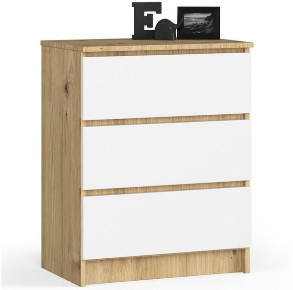 Home Collective Kommode 60 cm breit Holz Highboard Sideboard für Flur Schlafzimmer Wohnzimmer (Kommode Schlafzimmer Kommode mit Schubladen Holz Schrank), Kinderzimmer Organizer, 77 cm hoch mit 3 Schubladen Artisan Eiche-weiß