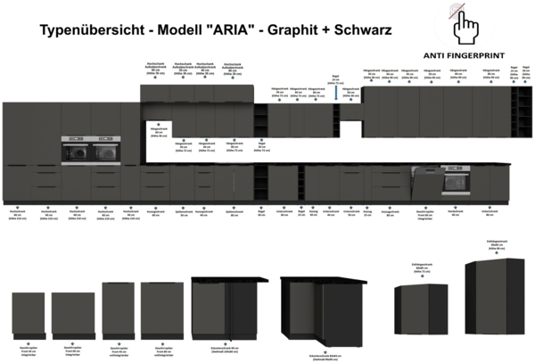 Küchen Unterschrank 80 cm Küche ARIA Graphite ultra matt + Schwarz matt, hochwertige Fronten mit Anti Fingerprint Beschichtung Küchenzeile Küchenblock Bild 5