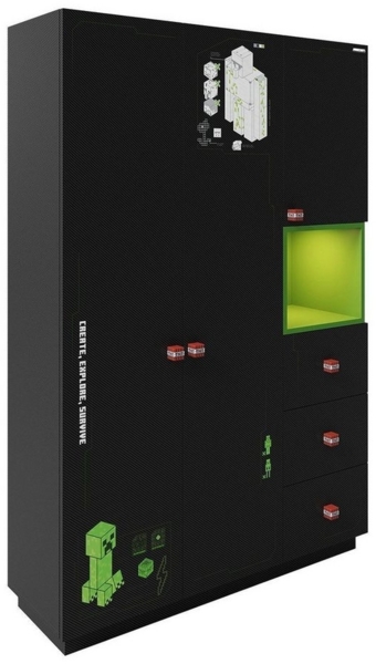 MINECRAFT - Kleiderschrank, 3-türiger Schrank mit Beleuchtung, dunkle Gaming Möbel mit Beleuchtung