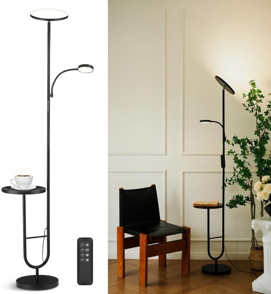 LuminexDesigns Stehlampe mit Tisch, 36W+7W LED Stehlampe dimmbar 3200LM+600LM Moderne Stehleuchte Wohnzimmer & Deckenfluter mit Fernbedienung, 2700K-6500K Schwarz