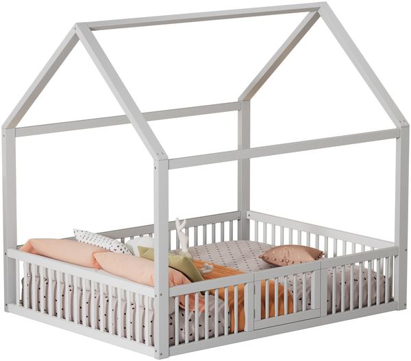 140*200cm Massivholzbett, Doppelbett, Flachbett, Hausbett, Hausbett mit Türchen, weiß Bild 5