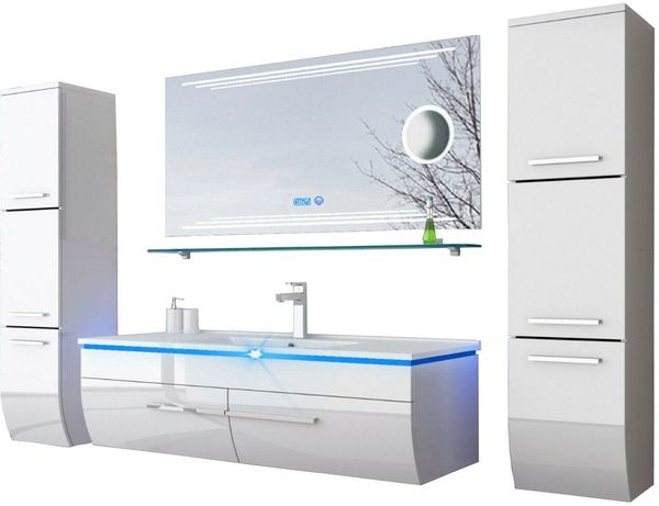 Homeline Badmöbel-Set Badmöbel Set Weiss 120 cmmontiert Weiß Hochglanz Badezimmermöbel, (6-St, Spar set)