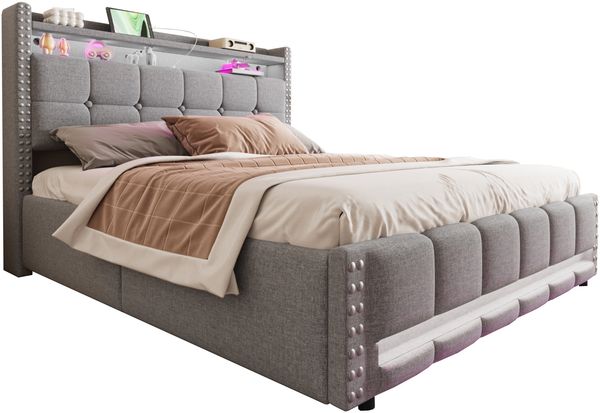 Polsterbett 160x200 mit Hydraulik & LED, Leinen grau – Doppelbett mit Stauraum, USB & LED-Beleuchtung Bild 6