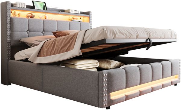 Polsterbett 160x200 mit Hydraulik & LED, Leinen grau – Doppelbett mit Stauraum, USB & LED-Beleuchtung Bild 5