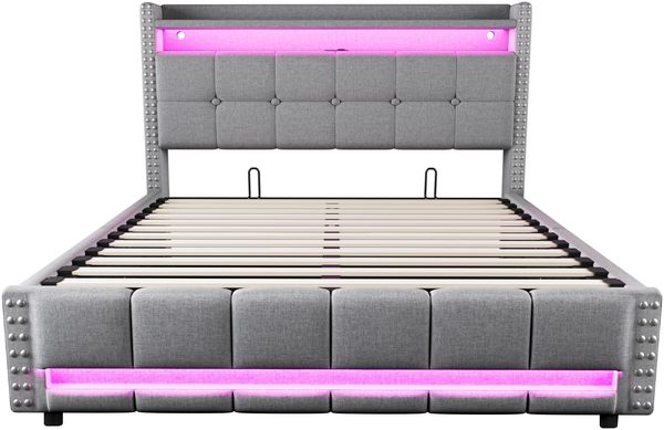 Polsterbett 160x200 mit Hydraulik & LED, Leinen grau – Doppelbett mit Stauraum, USB & LED-Beleuchtung Bild 8