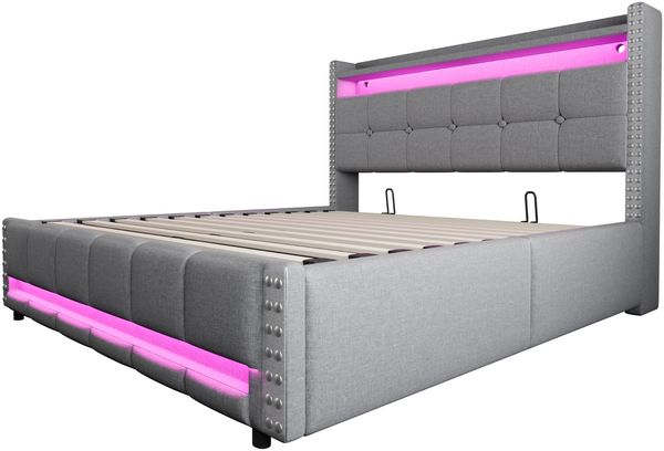 Polsterbett 160x200 mit Hydraulik & LED, Leinen grau – Doppelbett mit Stauraum, USB & LED-Beleuchtung Bild 7