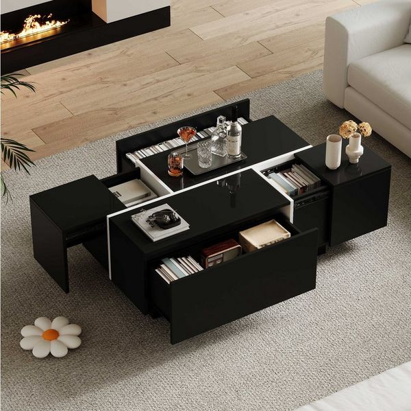 BlingBin Couchtisch Kaffeetisch Beistelltisch Wohnzimmertisch (1-St, mit vier Schubladen, verschiebbare Tischplatte, Tragkraft bis zu 30 kg), Patchwork-Farben mit Hochglanzoptik, 100x60x40 cm