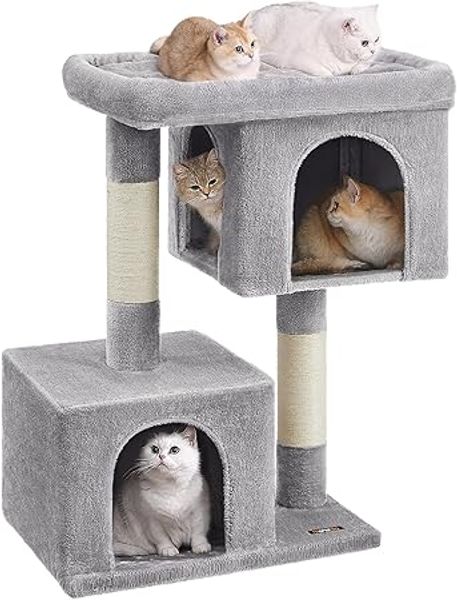 Feandrea Kratzbaum, 101 cm Katzenbaum, XL, Katzenhaus für extra große Katzen bis zu 20 kg, große Plattform, 2 Katzenhöhlen, Sisalstämme, hellgrau PCTDE614W01