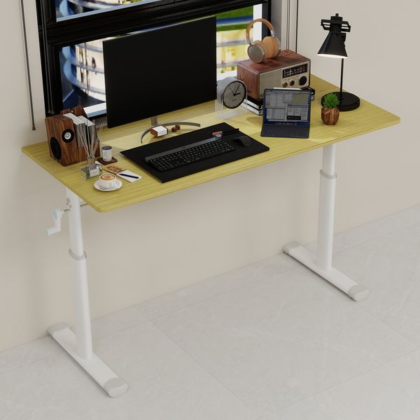 Höhenverstellbarer Schreibtisch manuell,Steh-Sitz Tisch mit Kurbel, Doppelsäulen Gestell, stabil Home Office Tisch,Holzfarbe