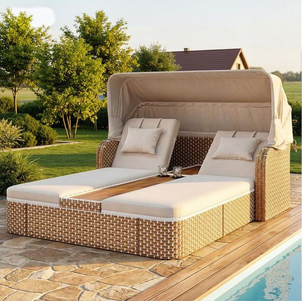 Flieks Gartenliege, Sonnenschirmstuhl Relaxsessel Garten-Liegestuhl PE-Rattan mit Markise
