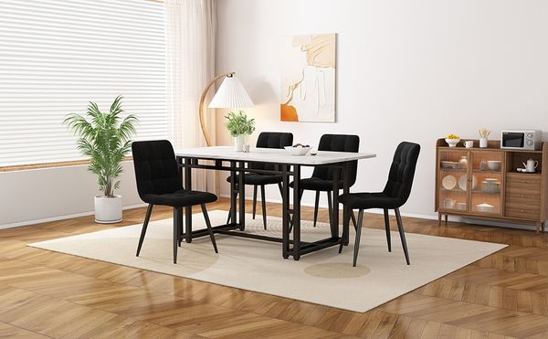Esstisch Set 120 cm Schwarz mit 4 Samtstühlen, MDF-Tischplatte und Metallbeinen, modern,74*70*120 cm