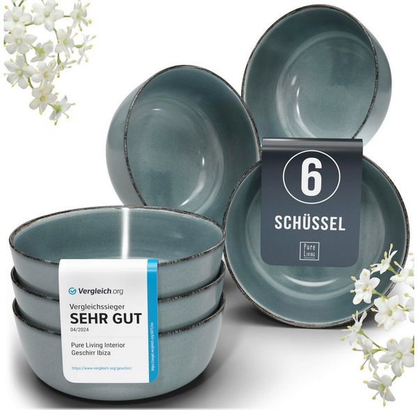 PURE LIVING INTERIOR DESIGN Geschirr-Set Pure Living Müslischale 6er 16cm »Rustic«, Steingut, Rauchblau, 6 Personen, Steingut, Authentischer Landhausstil, Reaktive Glasur – jedes Stück ein Unikat,…