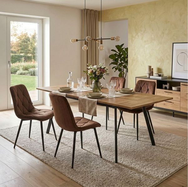 B&D home Essgruppe Mara & Vicka, (Set, 5-tlg, 1 Tisch / 4 Stühle), Esstisch ausziehbar bis 160cm für 4-6 Personen, Stühle in Samtstoff