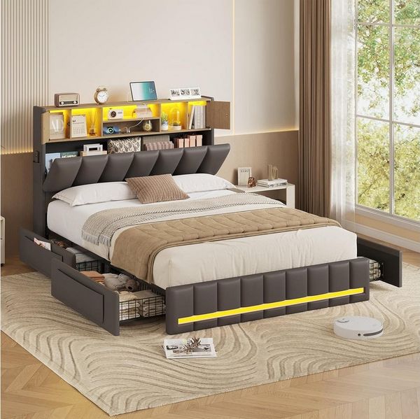 KIMENICH Polsterbett Bettgestell mit LED-Beleuchtung, 4 Schubladen, Ladestation, 140x190 cm, Grau