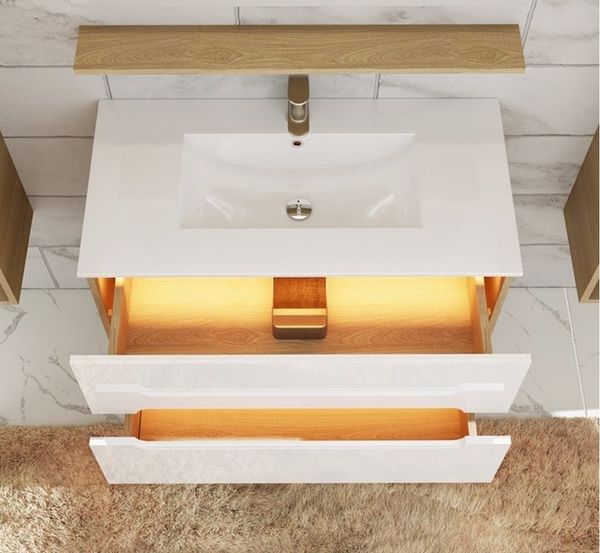 Faizee Möbel Badmöbel-Set Badmöbelset 90cm Hochglanz Weiß inkl. Waschbecken&LED-Beleuchtung