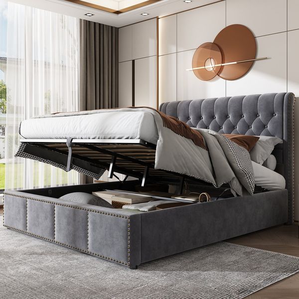 Stauraumbett Doppelbett mit Lattenrost und Bettkasten, 160x200 cm, gepolsterter Kopfteil, Samt