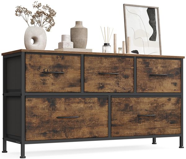 SONGMICS Kommode, Schrank, 5 Stoffschubladen, Aufbewahrungsschrank, Stahl, MDF, Vliesstoff, für Schlafzimmer, Flur, Wohnzimmer, vintagebraun-tintenschwarz LGS322BH04