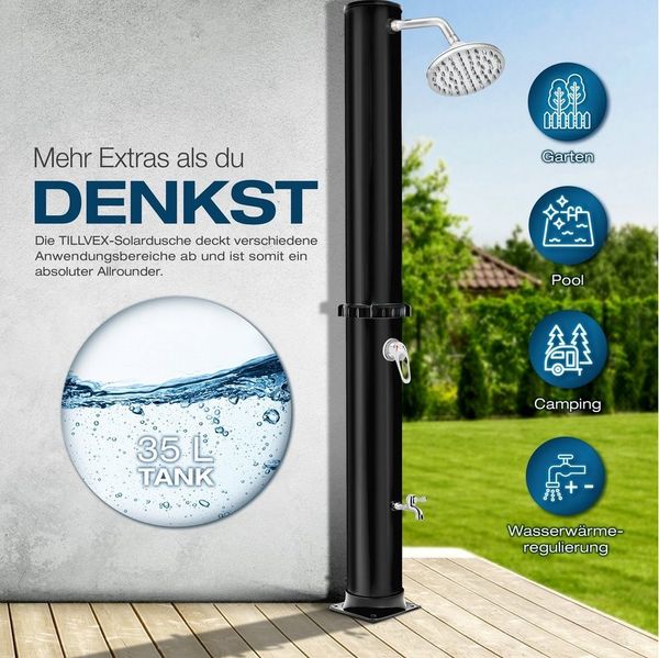 tillvex Solardusche Solar Gartendusche 35 Liter inklusive Schutzhaube, warmes Wasser, Pooldusche Camping ohne Strom