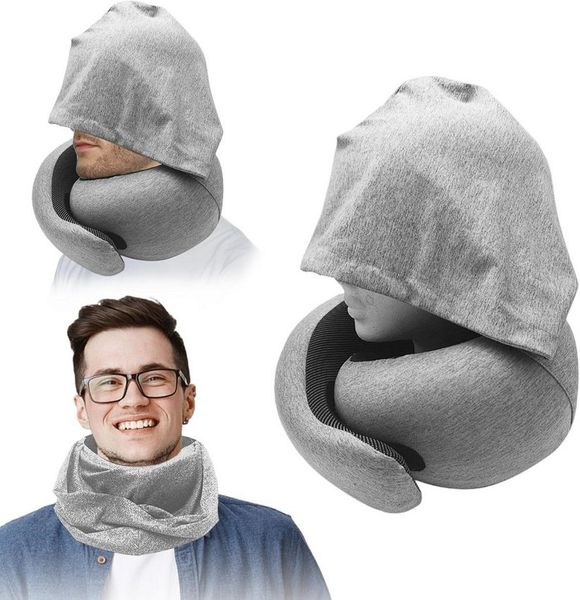 FELIXLEO Reisekissen Nackenkissen Flugzeug, Memory Foam Reisekissen mit Kapuze, Hellgrau, 1-tlg.