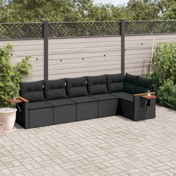 vidaXL 6-tlg. Garten-Sofagarnitur mit Kissen Schwarz Poly Rattan 3226825