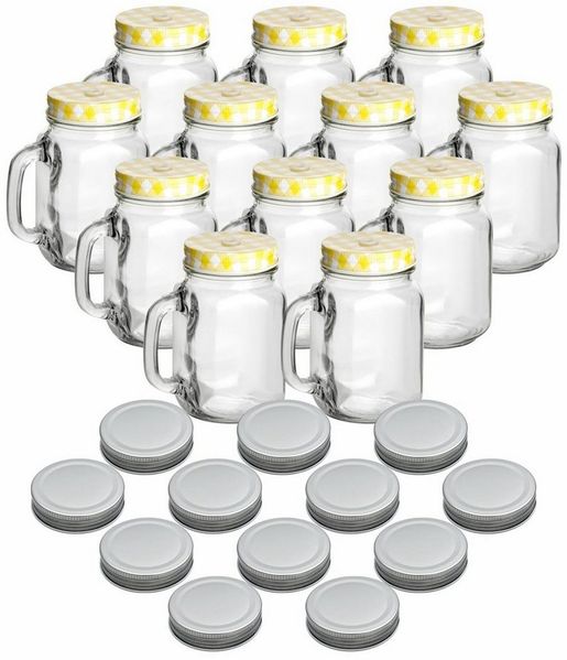 gouveo Gläser-Set Trinkgläser 450 ml mit Schraubdeckel - Trinkglas mit Henkel, 12-tlg, 12er Set, gelb/silber