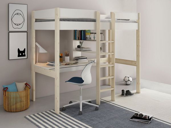 Lüttenhütt Hochbett Stockbett, Kinderbett, "ROBIN " FSC® zertifiziertes Massivholz mit Schreibtisch und Regalen