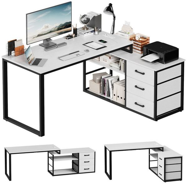 HOMALL Schreibtisch L-förmiger Eckschreibtisch mit USB-Anschluss und zwei Steckdosen. (Abmessungen: 140 x 105 x 75 cm, L-förmiger Schreibtisch Gamingtisch, umwandelbar in einen I-förmigen Schreibtisch, mit 3 Schubladen und 2 Fächern)