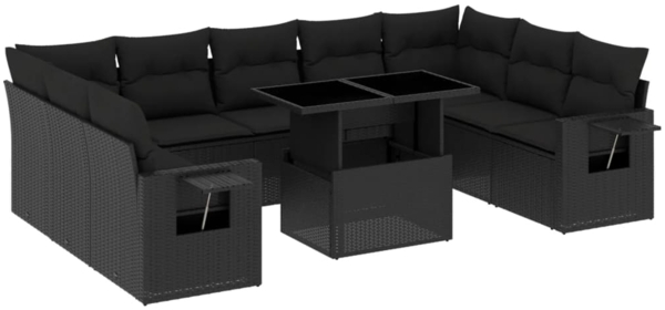 vidaXL 10-tlg. Garten-Sofagarnitur mit Kissen Schwarz Poly Rattan 3268105