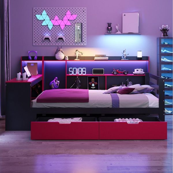 REDOM Schlafsofa Kinderbett Funktionsbett, mit Schreibtisch, LED-Beleuchtung und Stauraum 90x200 cm, Inklusive Matratze