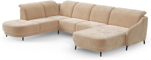 CAVADORE Wohnlandschaft Blue, Sofalandschaft mit Longchair im modernen Design, inkl. kopfteilverstellung, Vorziehsitz motorisch, Klapptisch, USB-Anschluss, mattschwarzen Metallfüßen, Hellbraun