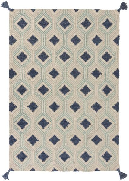 Kadima Design Handgetufteter Wollteppich in Beige-Blau mit Quasten - "Ock Dean". 120x170 cm