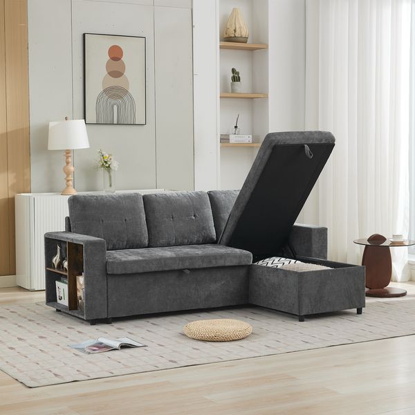 Merax Dreisitzer-Sofa, Ecksofa mit Stauraum 202x136x85cm, L-Formiges Schlafsofa, Seitlicher Stauraum, Chenille Couch, 120kg belastbar, Kann links oder rechts montiert werden, grau