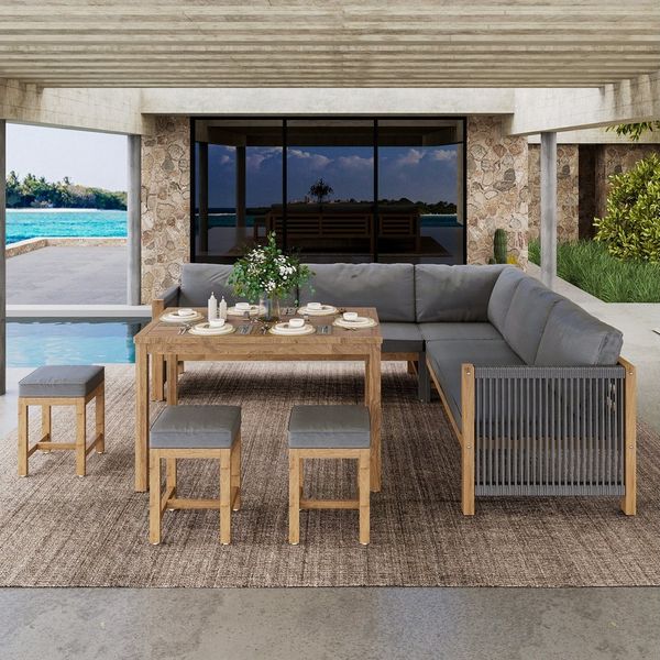 Flieks Gartenlounge-Set, 8-Sitzer Esstisch-Set Essgruppe Gartenmöbel aus Akazienholz und Seil