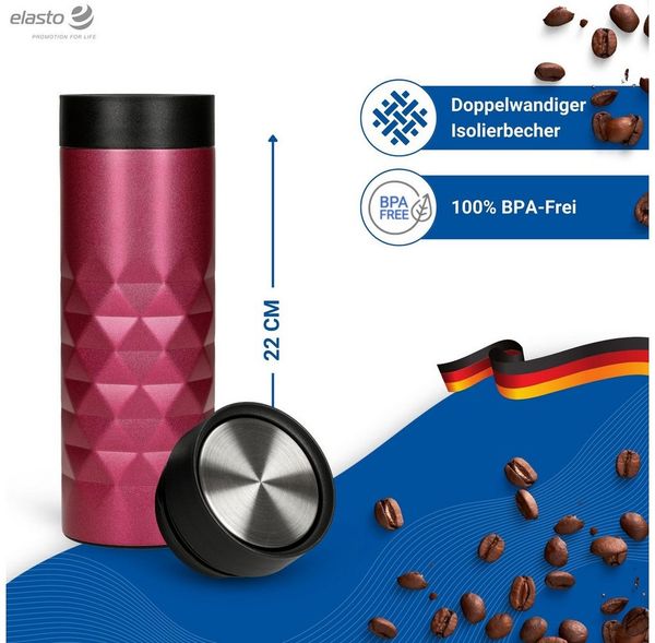 elasto Coffee-to-go-Becher Diamond 360 auslaufsicherer Thermobecher 450 ml, Kaffeebecher to go, Doppelwand, Leicht, Robust, 360 Grad Deckel