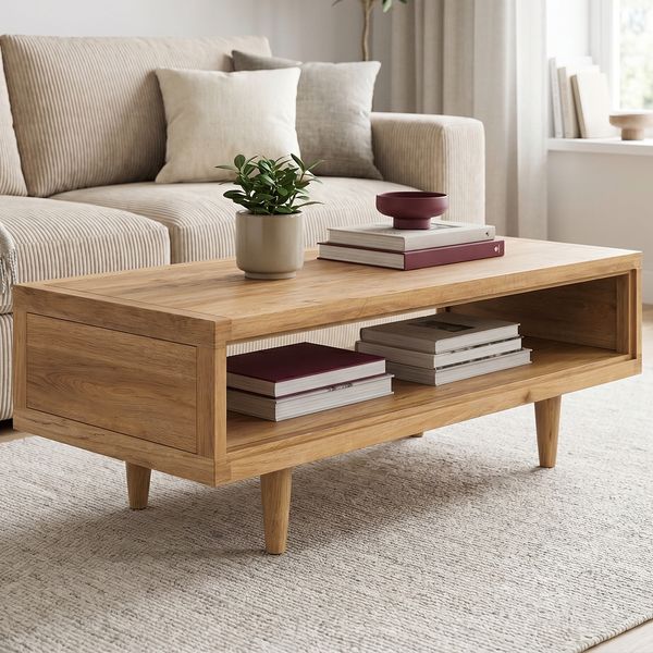skølm 'Eivind' Couchtisch, aus Eiche Massivholz, Wohnzimmertisch mit Ablage, lackiert, 110x50×40 cm