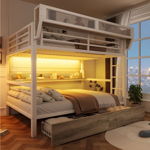 REDOM Etagenbett mit LED-Licht und Stauraum, Metallbett mit Schubladen & Regal (mit Aufbewahrungskorb, Kinderbett Metallbett, Jugendbett 140x200 cm), ohne Matratze