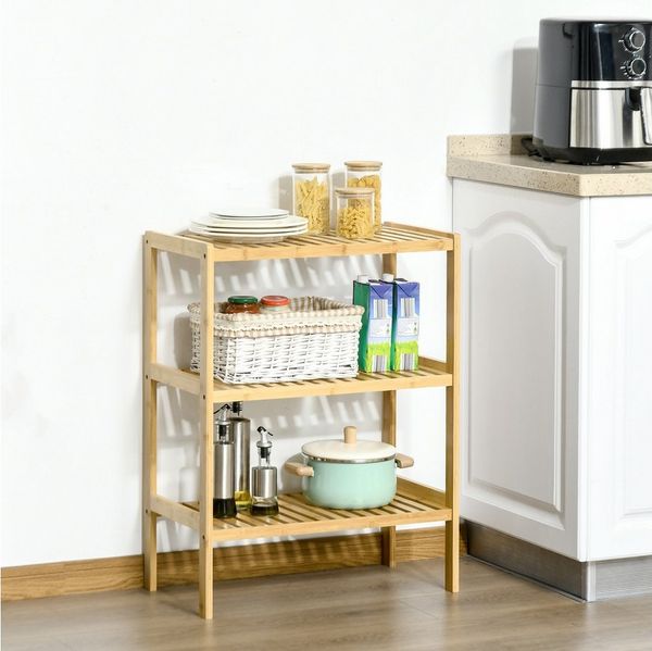 HOMCOM Standregal Küchenregal mit 3 Ebenen, Bambusregal, Mehrzweckschrank 1-tlg, für Wohnzimmer, Natur