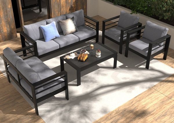 MeXo Gartenlounge-Set Gartenmöbel Set Aluminium wetterfest 6-7 Personen, (12cm Deluxe Relax-Sitzkissen, 5-tlg, Belastbarkeit pro Sitzplatz 140kg), outdoor Gartensofa mit Tisch, 8 cm breite Armlehne