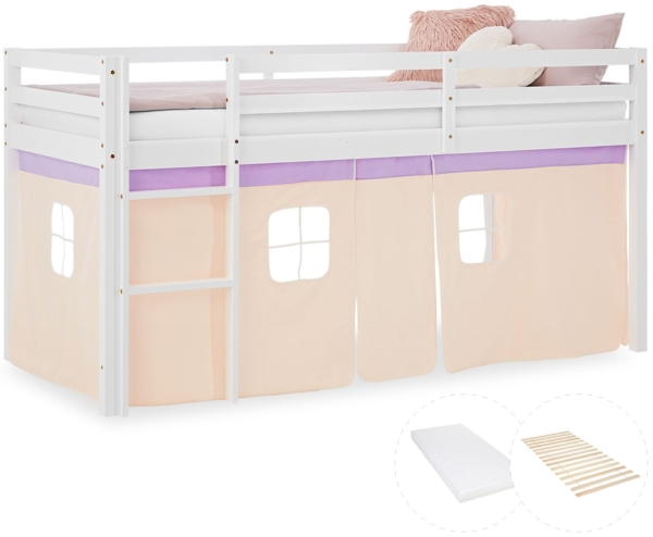 Hochbett Kinder 90x200 cm mit Matratze Kinderbett Kinderhochbett Stockbett Vorhang Lila Beige Holz Massiv Lattenrost