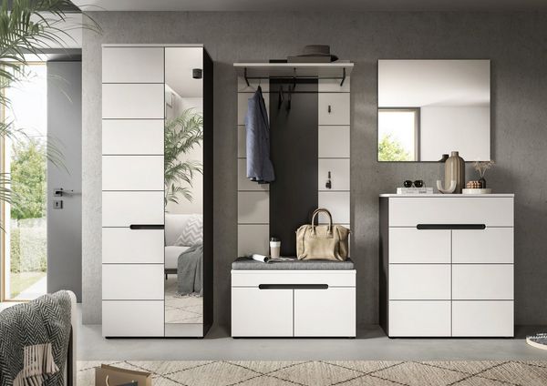 Home affaire Garderoben-Set REHAT, TOPSELLER!, 5-teilig, Breite 255 cm, individuell erweiterbar, (Set, 6-St, bestehend aus: Schrank, Sitzbank, Sitzkissen, Paneel, Spiegel, Kommode), Garderobenkombination, Kombination, Set, Flurgarderobe, Diele