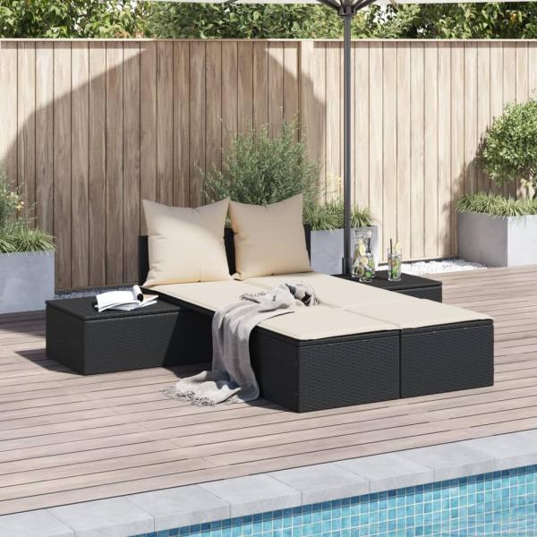 vidaXL Doppel-Sonnenliege mit Kissen Schwarz Poly Rattan 368389