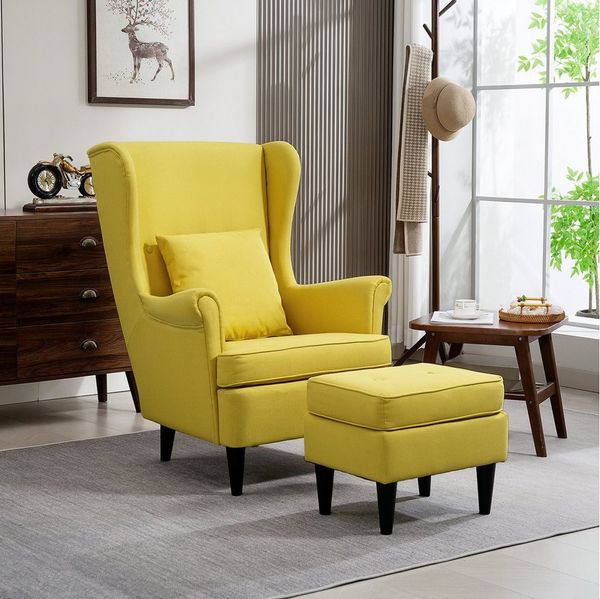 HOMCOM Relaxsessel Leinenoptik Lendenkissen Loungesessel (Set, 2-St, bestehend aus Sessel und Hocker), für Wohnzimmer Schlafzimmer Gelb