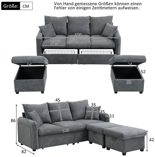 Ulife Ecksofa mit Schlaffunktion U-Form-Dreisitzer Polster-Sofa,Wohnzimmer, modular zerlegbares Sofa-Set 3 Teile, Inklusive Schubladen + Hocker mit Staufach