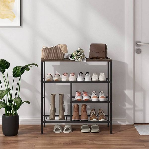 EUGAD Schuhregal, 4 Ebenen, aus Metall MDF, Schuhorganizer schwarz