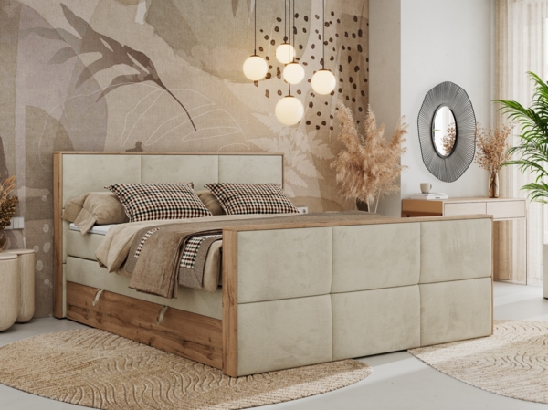 Doppelbett, Boxspringbett mit zwei Multipocket-Matratzen und ein Topper, Bettkästen, Eiche Wotan Holzrahmen, genähtes Kopfteil und Front - ALBERO 2 KING DUO - 160 x 200 cm - Beige Velours - H4