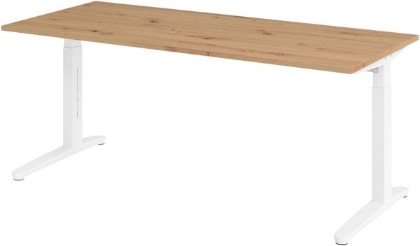 bümö manuell höhenverstellbarer Schreibtisch 180x80 in Asteiche, Gestell in weiß - PC Tisch höhenverstellbar & groß, höhenverstellbarer Tisch Büro, großer Computertisch verstellbar, X19-R-WW