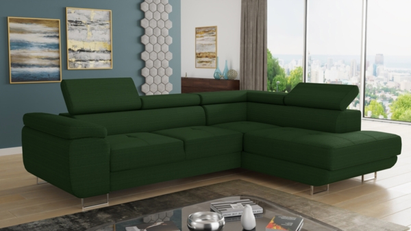 Ecksofa Caris mit Schlaffunktion und einstellbare Kopfstützen, Cord Stoff, Wohnlandschaft mit Bettkasten, Couch, Sofa, Bettsofa (Grün (Poso 014), Ecksofa Rechts)