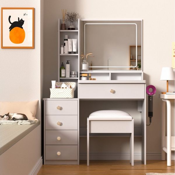 GLIESE Schminktisch Frisierkommode mit Hocker Set (mit praktischem Föhnhalter, 1 × Schminktisch, 1 × Schminkhocker), mit LED-Spiegel, 6 Fächer, 5 Schubladen